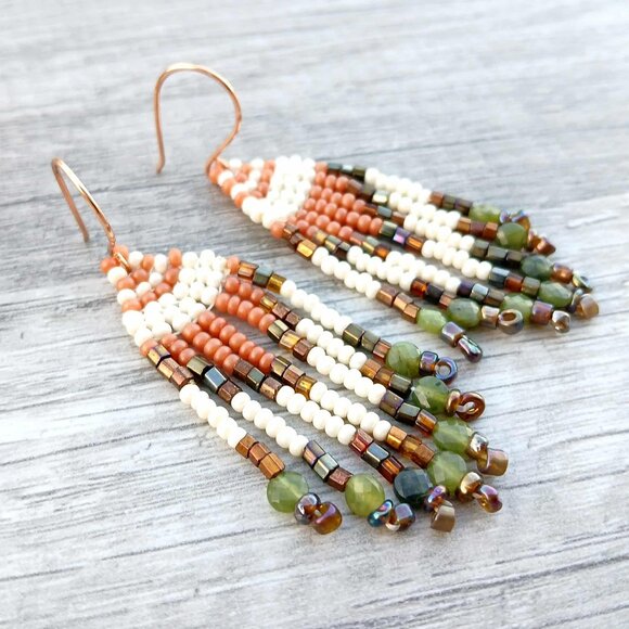 Jade Beaded Fringe Dangle Earrings, Earthy Tones, 2.75" - Picture 1 of 6